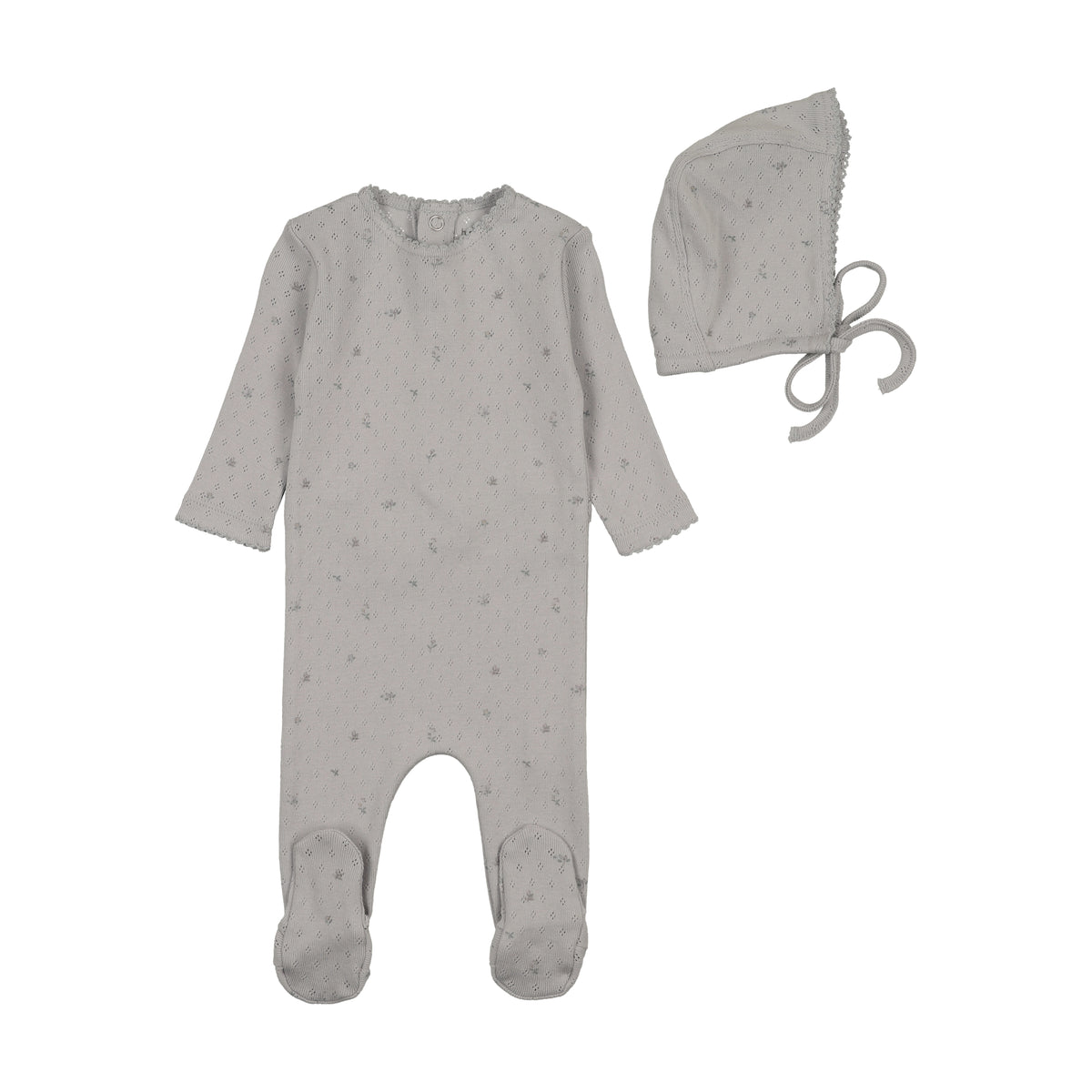 Bee & Dee Pointelle Flowers Footie & Bonnet - Dusty Blue