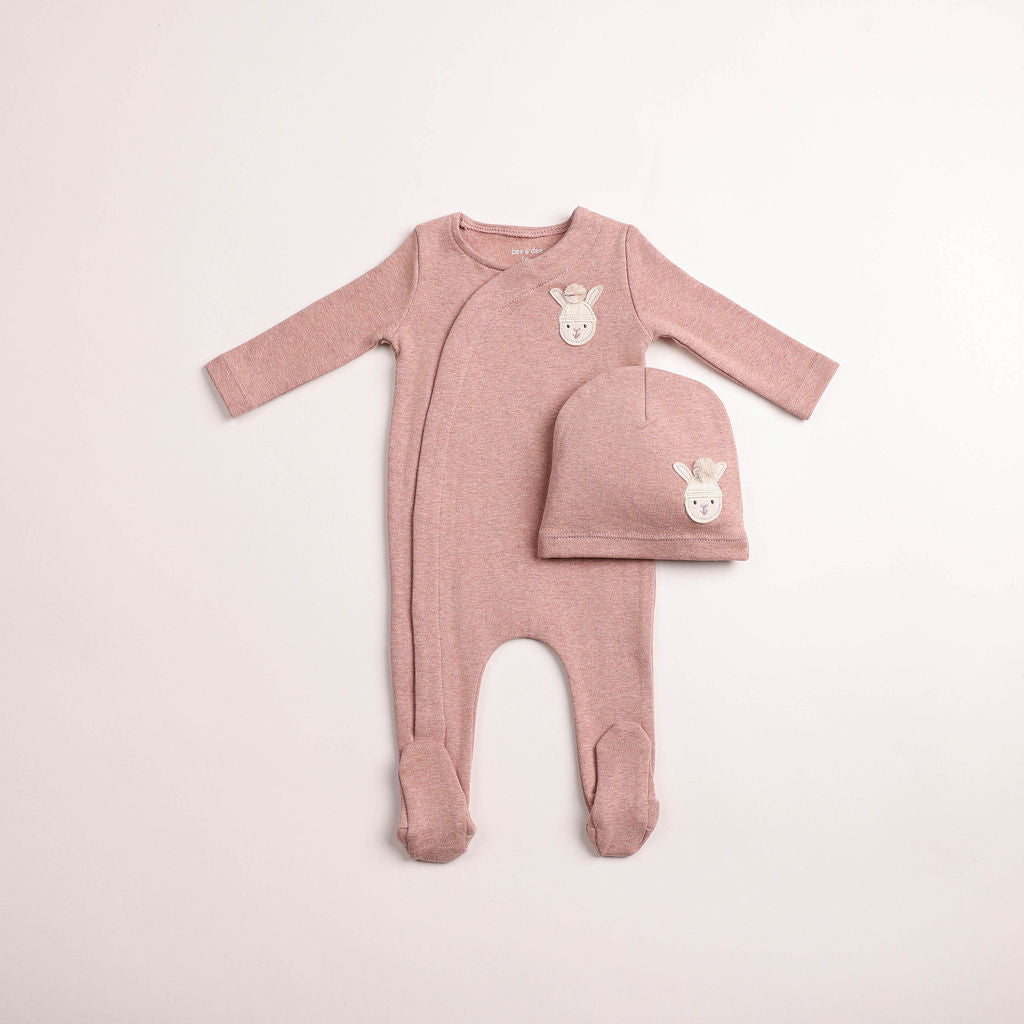 Bee & Dee Pompom Bunny Wrap Footie & Beanie - Pink Heather