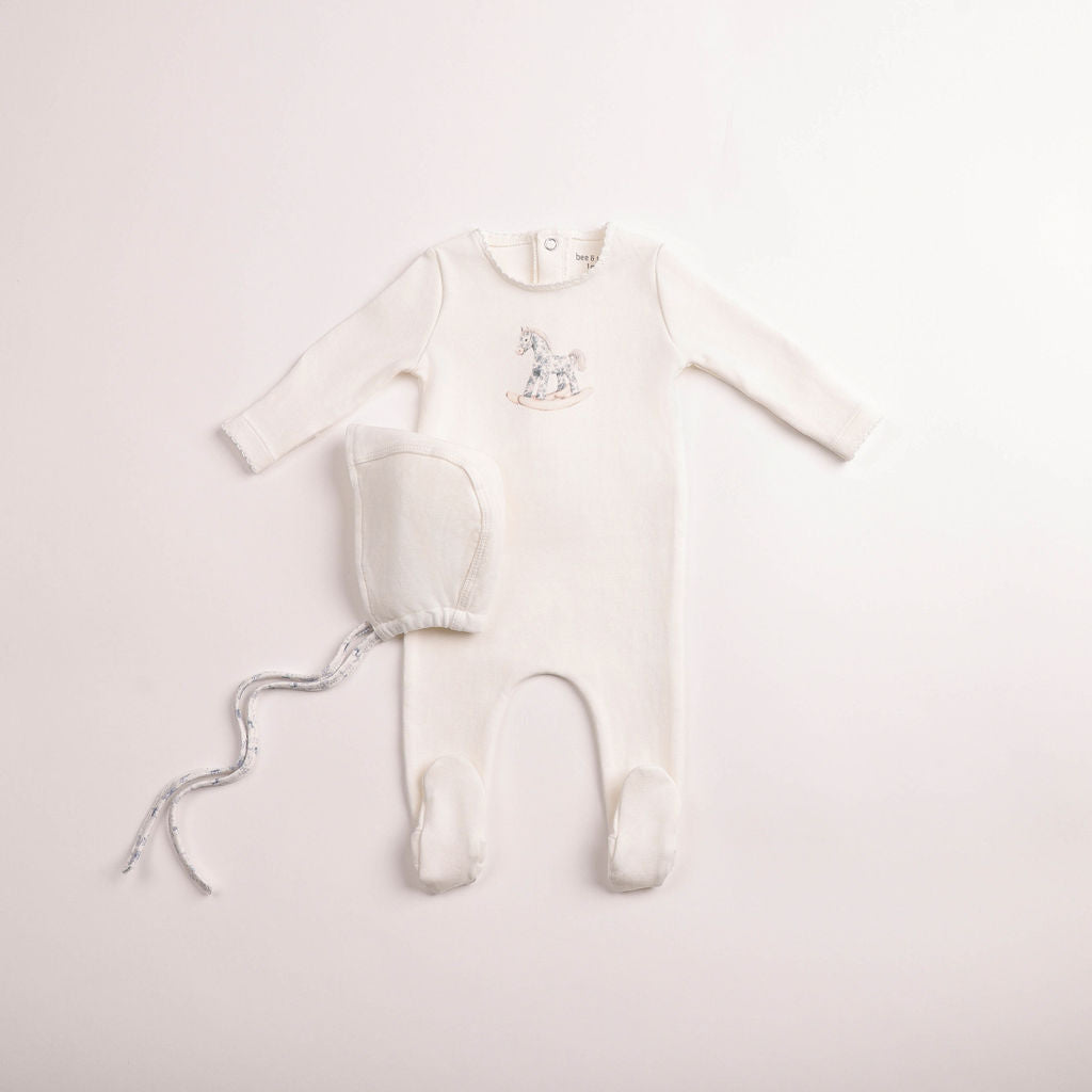Bee & Dee Rocking Horse Footie & Bonnet - Chalk White Boys