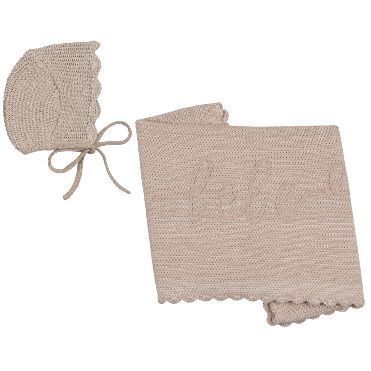Peluche Malange Scalloped Blanket & Bonnet - Taupe