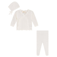 Bebe Bella Knitted Wrap Top, Pants, & Bonnet Set