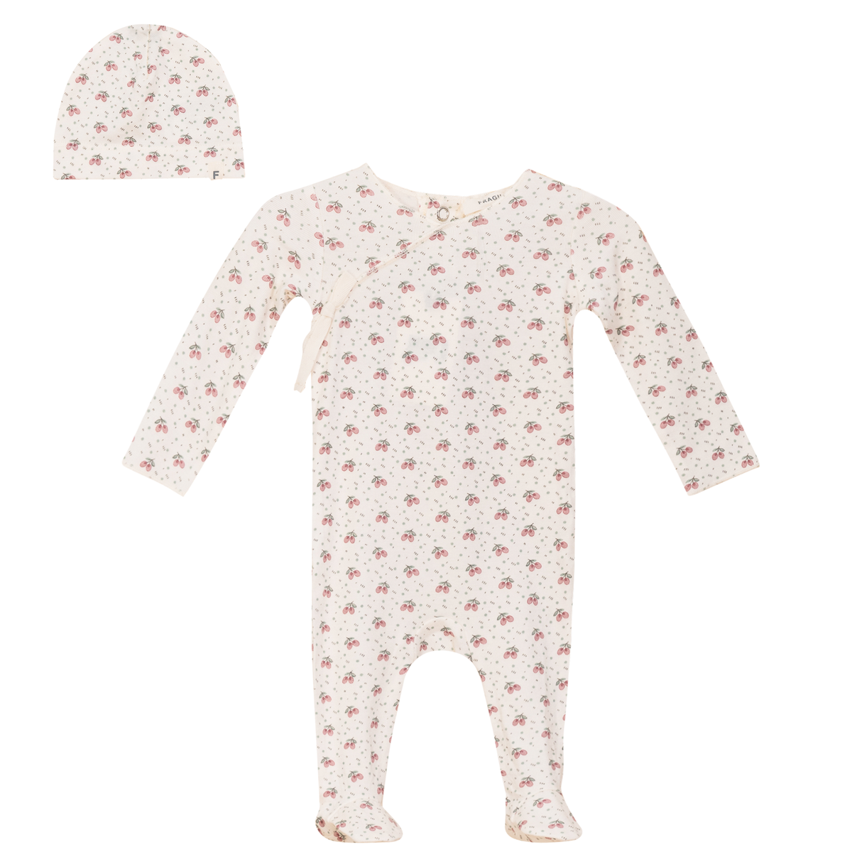 Fragile Cherry Printed Wrap Footie & Hat