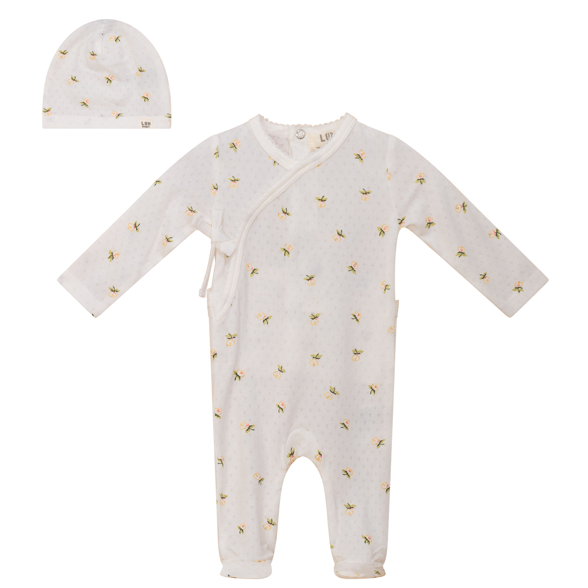 Lux Pointelle Floral Print Footie & Beanie