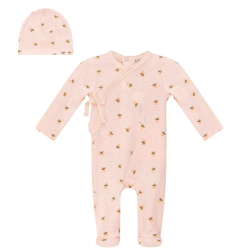 Lux Pointelle Floral Print Footie & Beanie