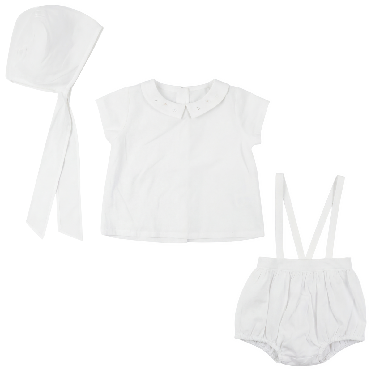 Little Fragile Dove Emroidered Top, Bonnet & Overalls - White
