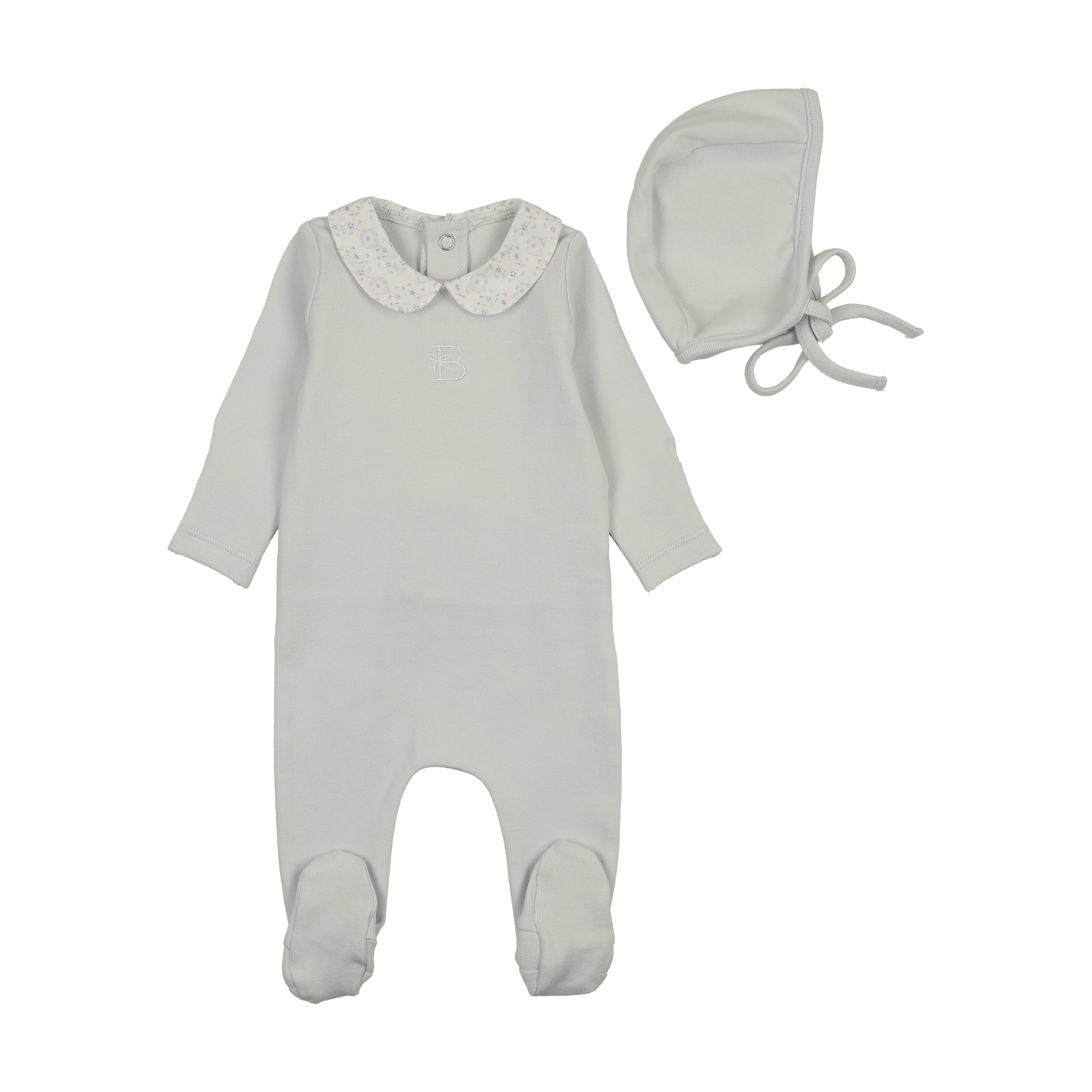 Bee & Dee B Collar Footie & Bonnet- London Fog