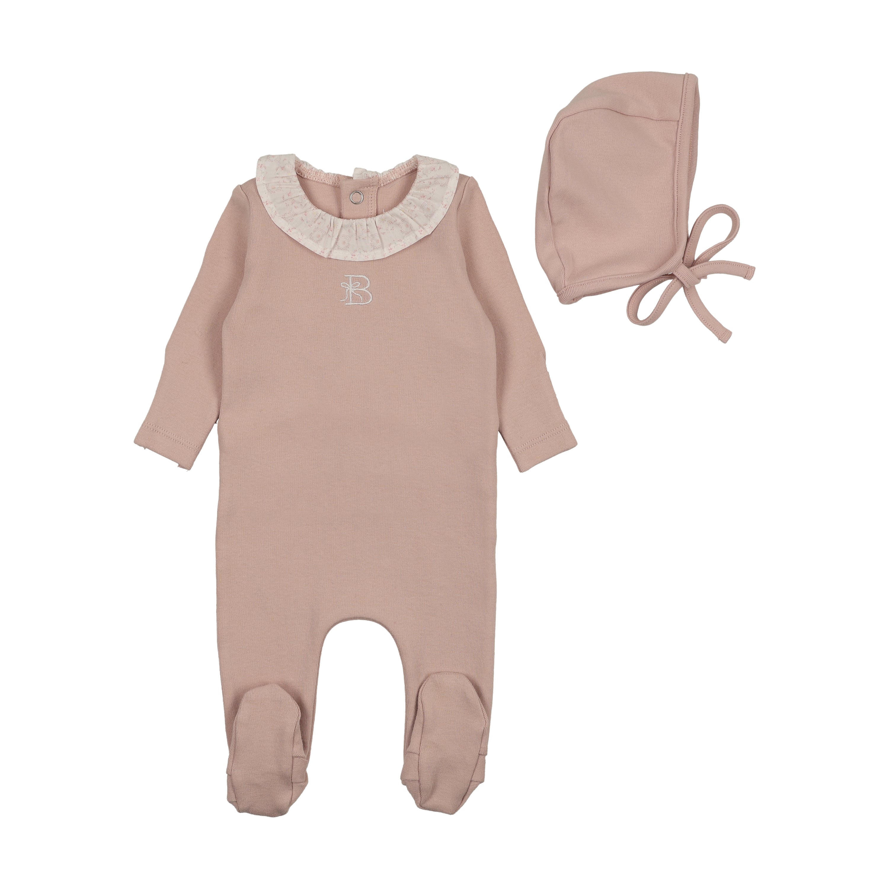 Bee & Dee B Collar Footie & Bonnet- Rose
