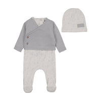 Bee & Dee Birdcage Toile Footie, Cardigan & Bonnet - Dusty Blue