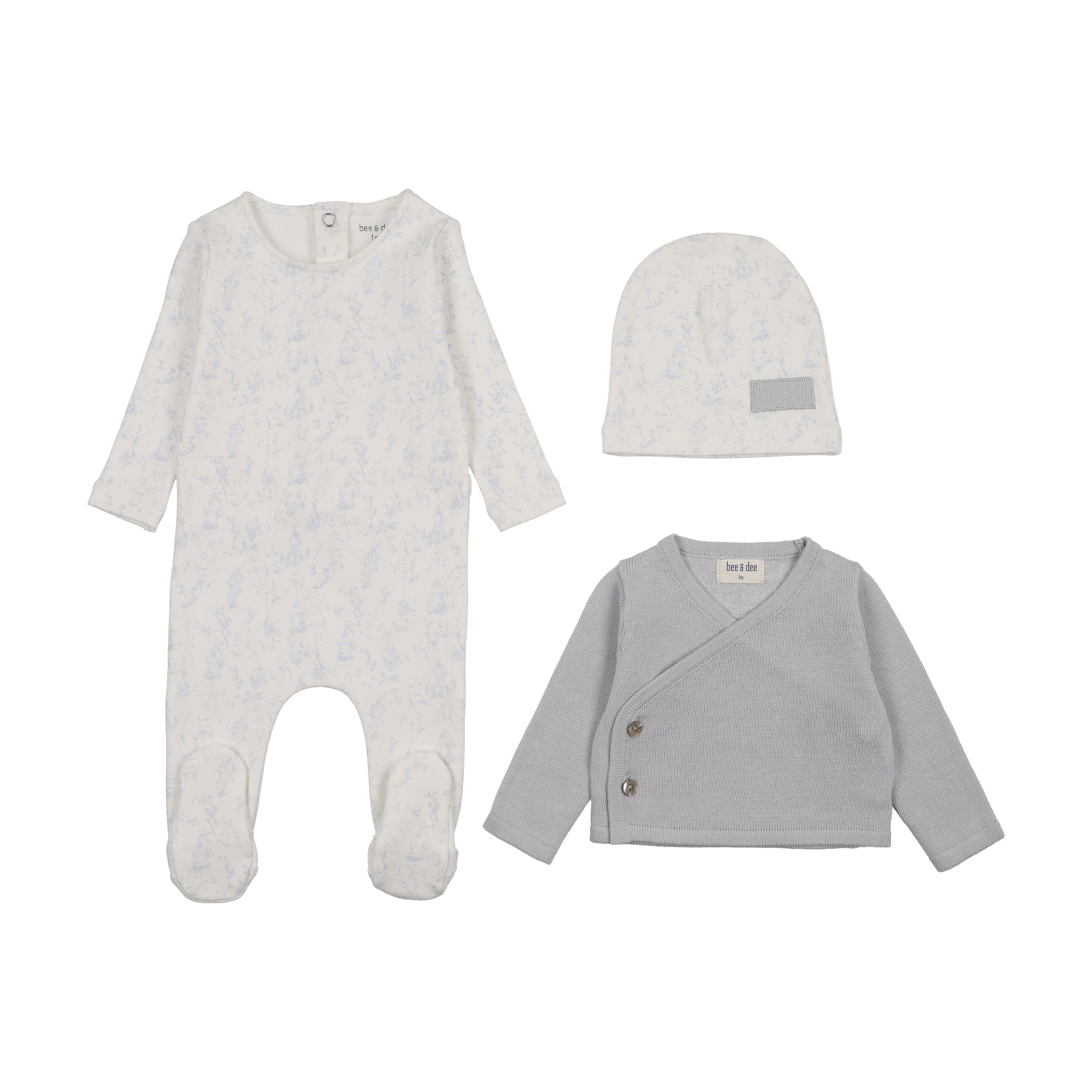 Bee & Dee Birdcage Toile Footie, Cardigan & Bonnet - Dusty Blue