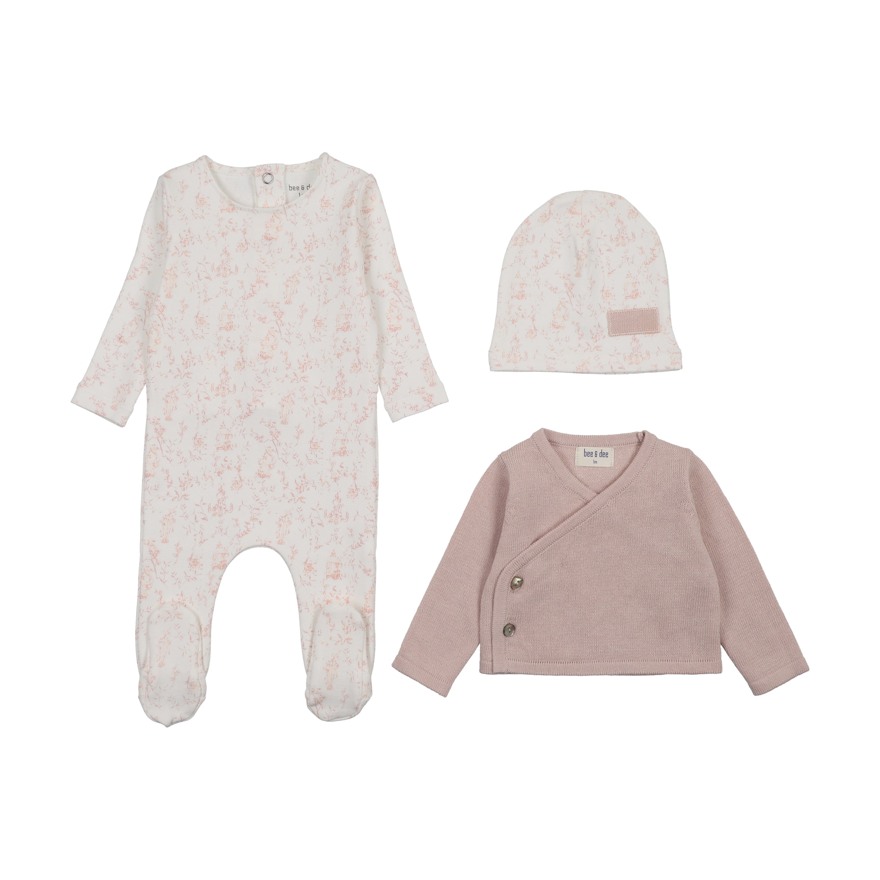 Bee & Dee Birdcage Toile Footie, Cardigan & Bonnet - Muted Pink