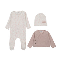 Bee & Dee Birdcage Toile Footie, Cardigan & Bonnet - Muted Pink