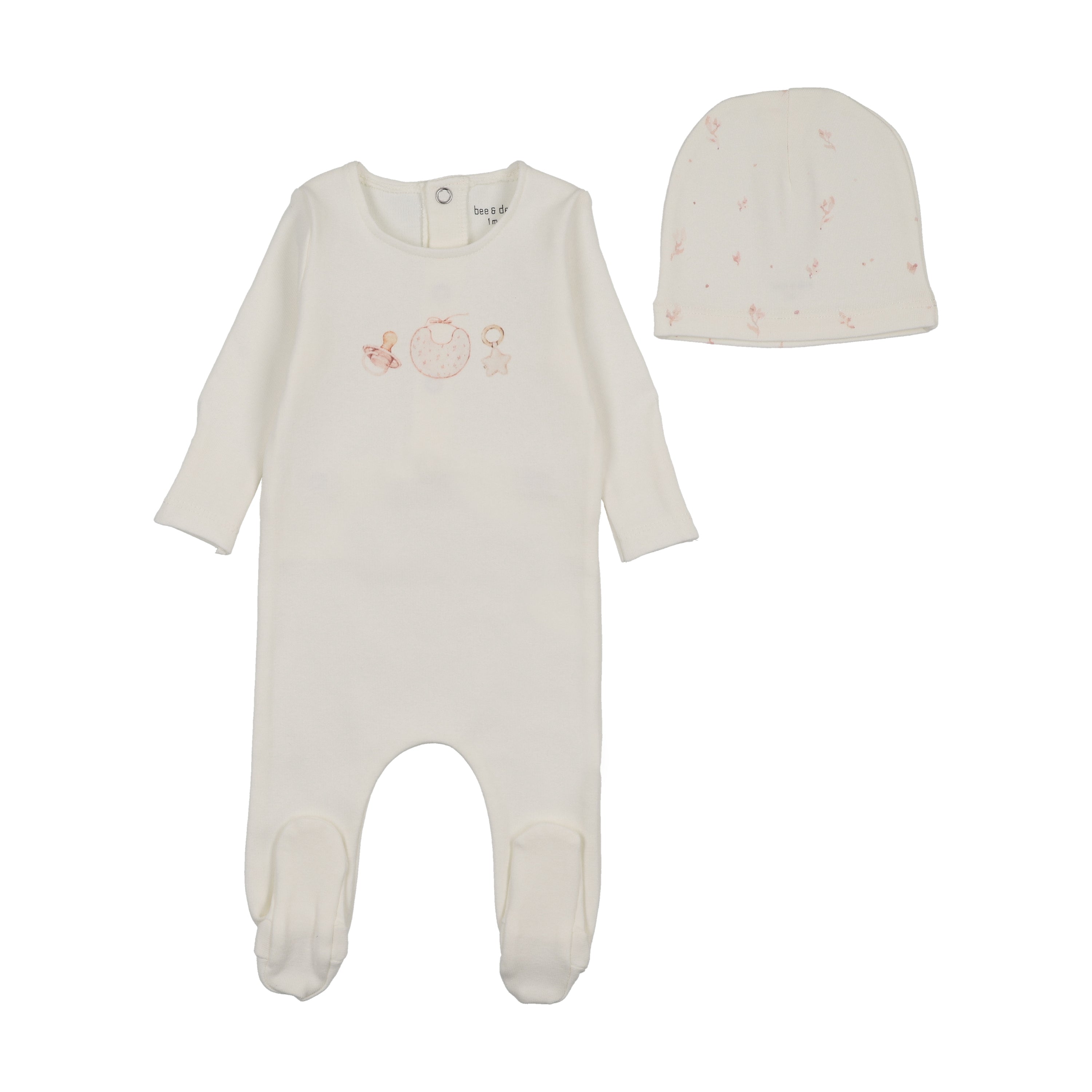 Bee & Dee Watercolor Bib Footie & Beanie - White Girls