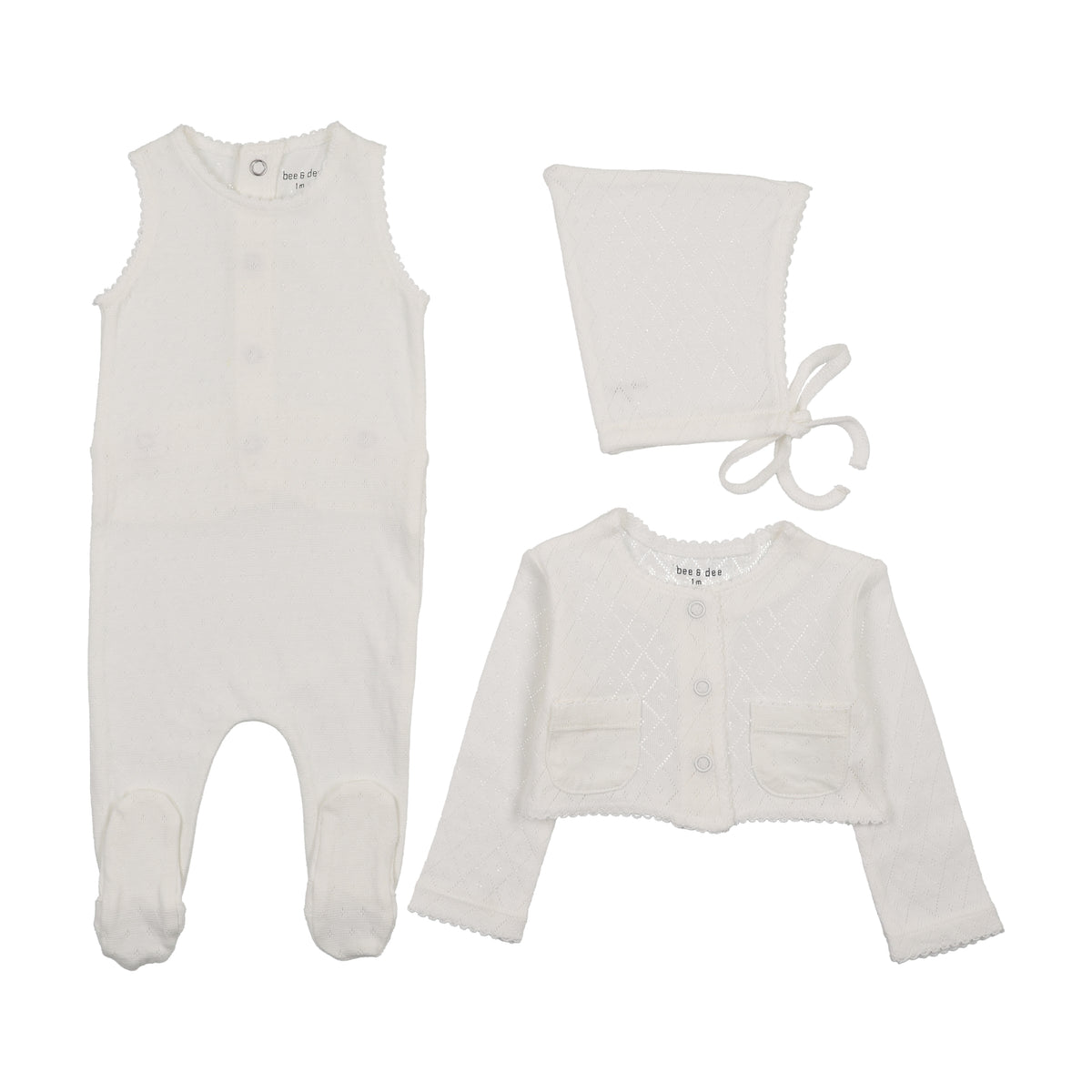 Bee & Dee Double Diamond Footie, Cardigan & Bonnet - Chalk White