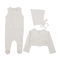 Bee & Dee Double Diamond Footie, Cardigan & Bonnet - Chalk White