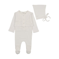 Bee & Dee Double Diamond Footie, Cardigan & Bonnet - Chalk White