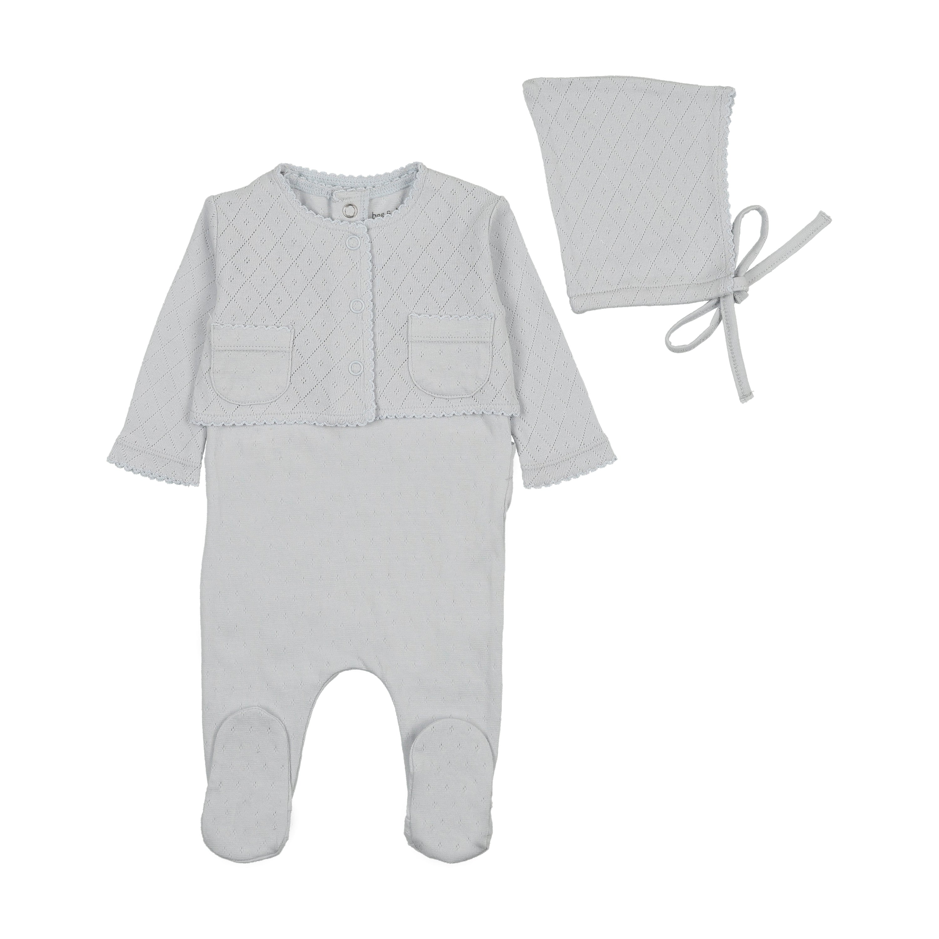 Bee & Dee Double Diamond Footie, Cardigan & Bonnet - Sky Blue