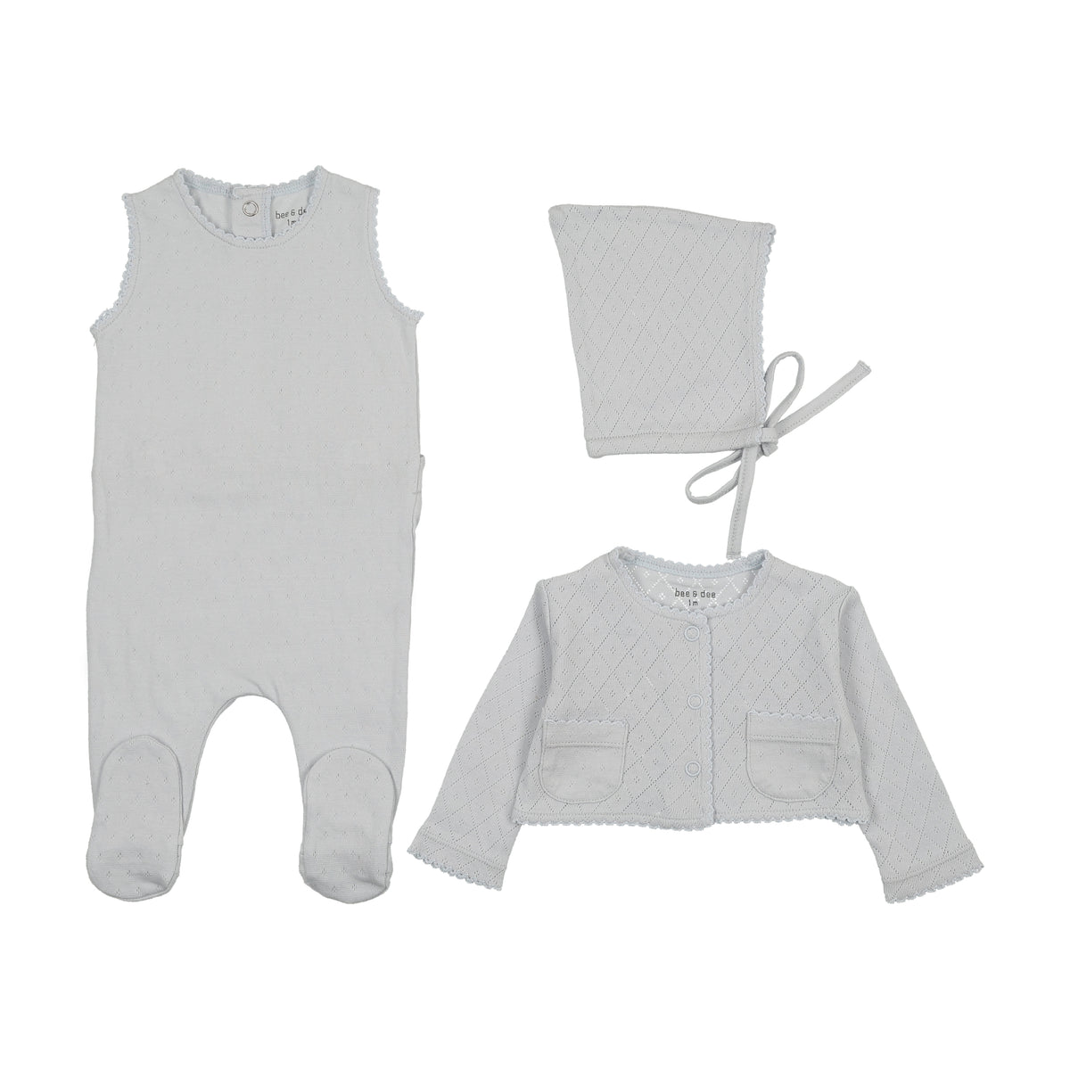 Bee & Dee Double Diamond Footie, Cardigan & Bonnet - Sky Blue