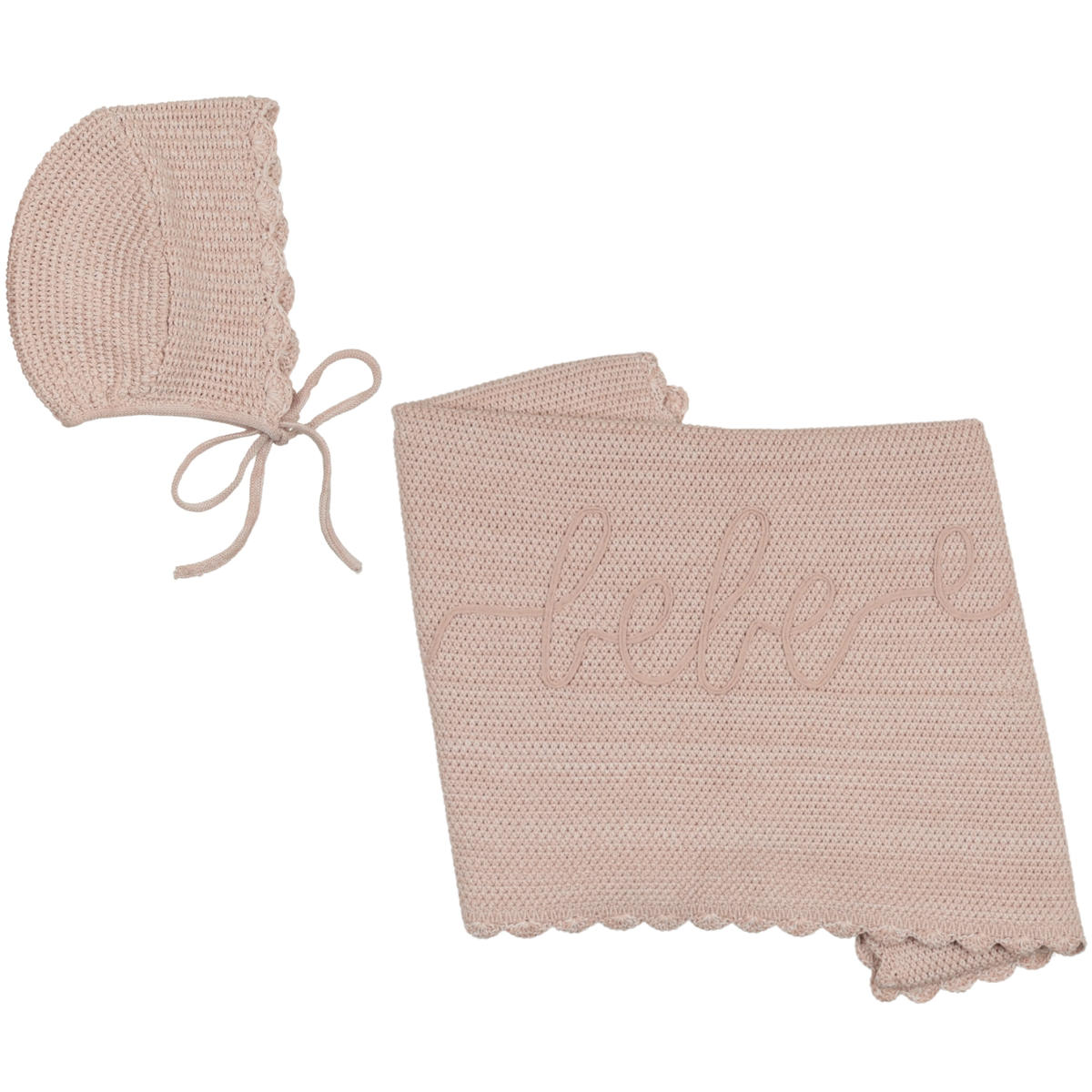 Peluche Malange Scalloped Blanket & Bonnet - Rose