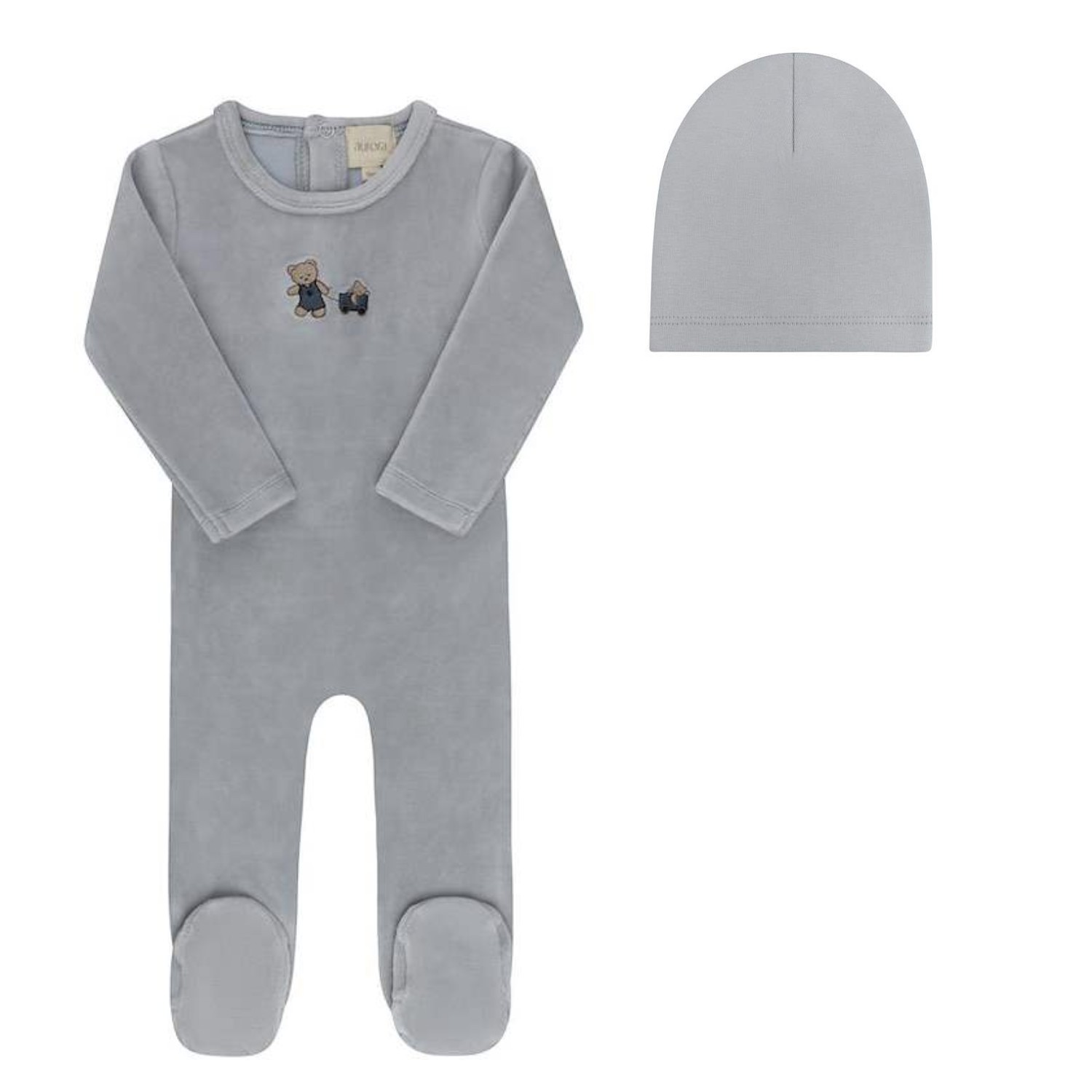 Aurora Embroidered Bear Footie & Beanie - Blue
