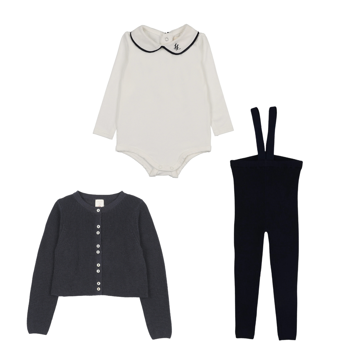 Analogie Piping Onesie, Cardigan & Suspender Leggings - Navy