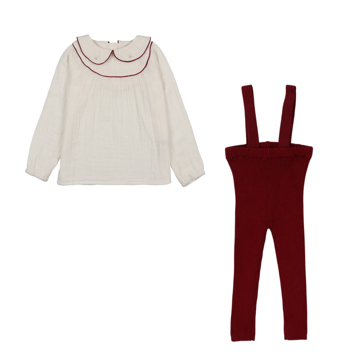 Analogie Embroidered Top & Suspender Pants - Cream/Deep Red