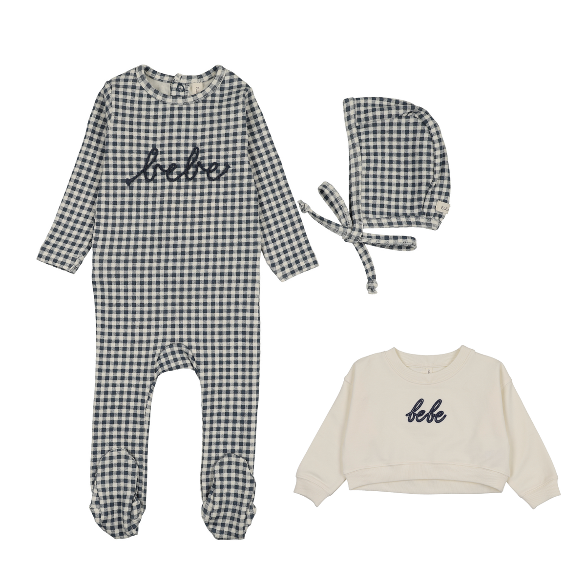 Lilette Gingham Bebe Footie, Hat & Cropped Baby Sweatshirt - Blue