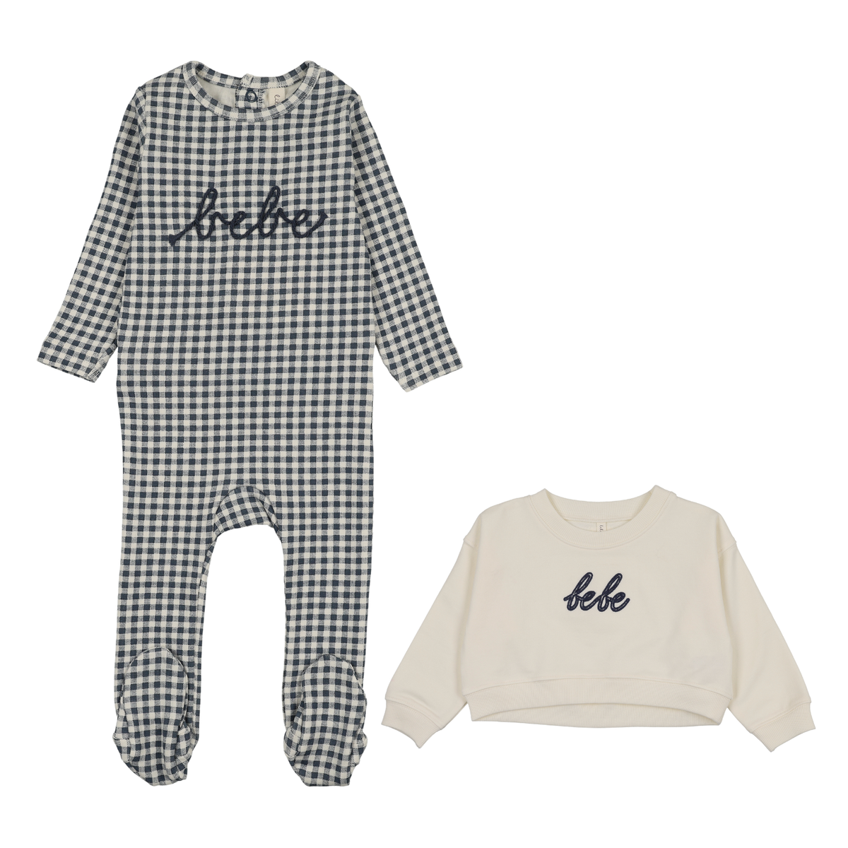 Lilette Gingham Bebe Footie & Cropped Baby Sweatshirt - Blue