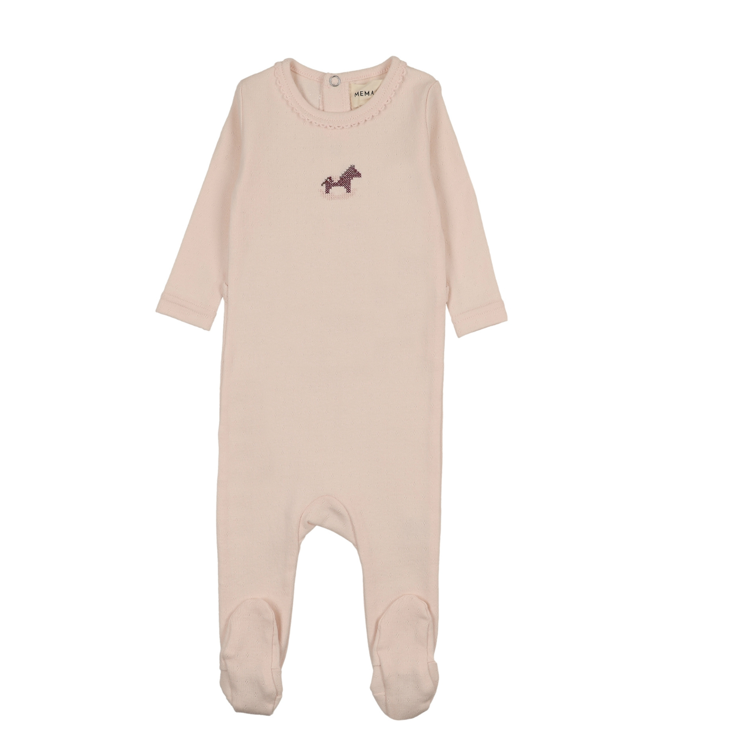 Mema Knits Pointelle Horse Rocker Footie - Baby Blush