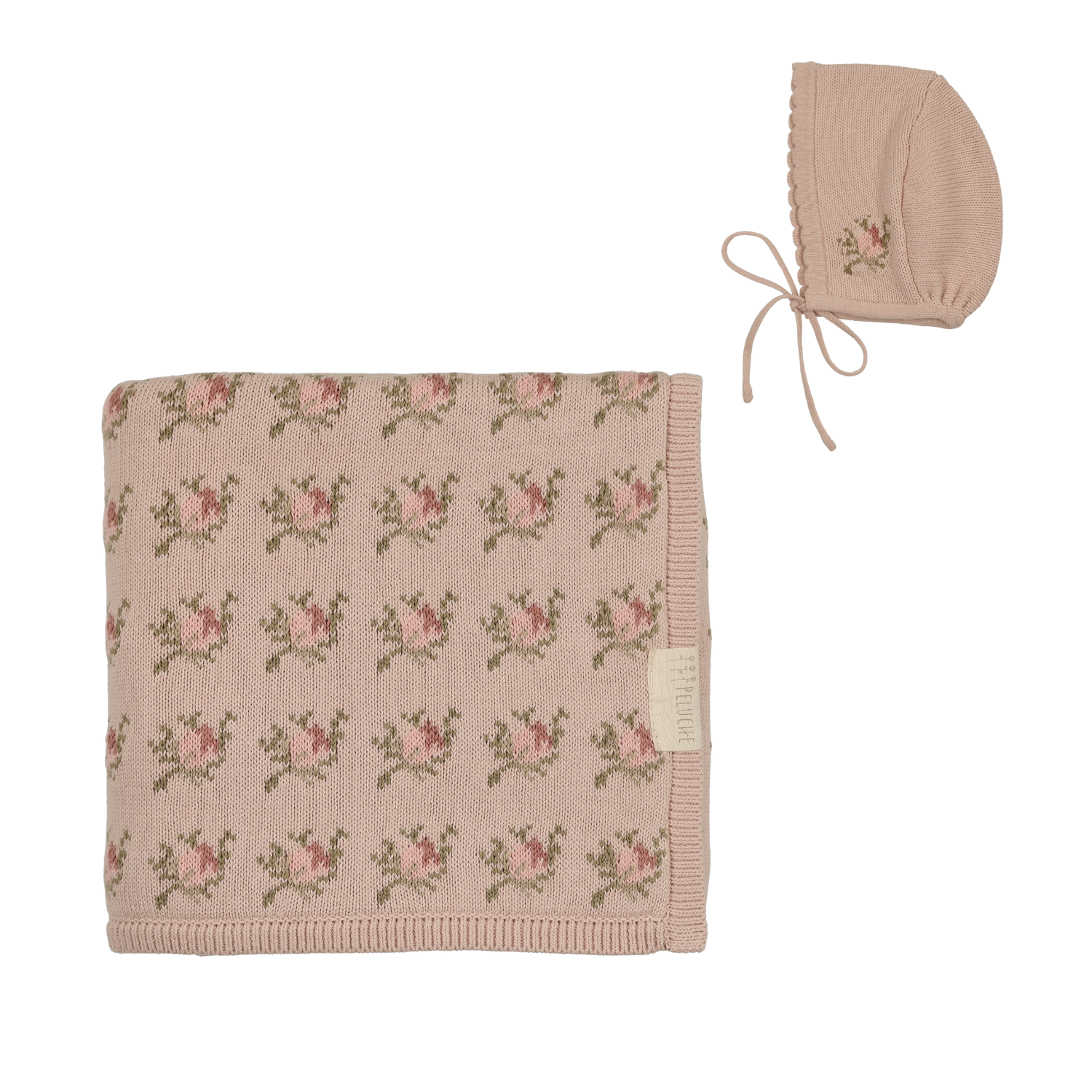 Peluche Floral Intarsia Knit Blanket & Bonnet - Rose