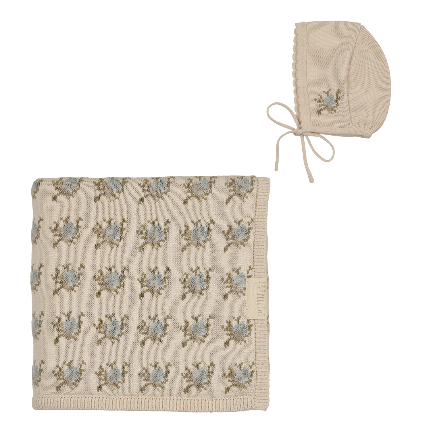 Peluche Floral Intarsia Knit Blanket & Bonnet - Powder