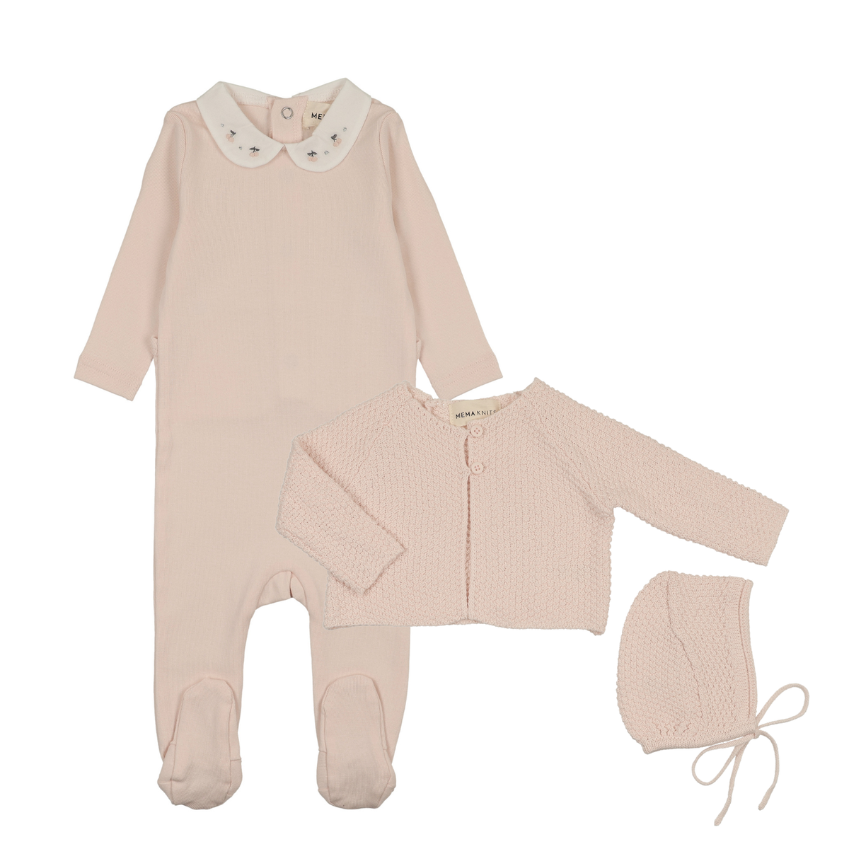 Mema Knits Embroidered Collar Base Footie, Cardigan & Bonnet - Baby Blush