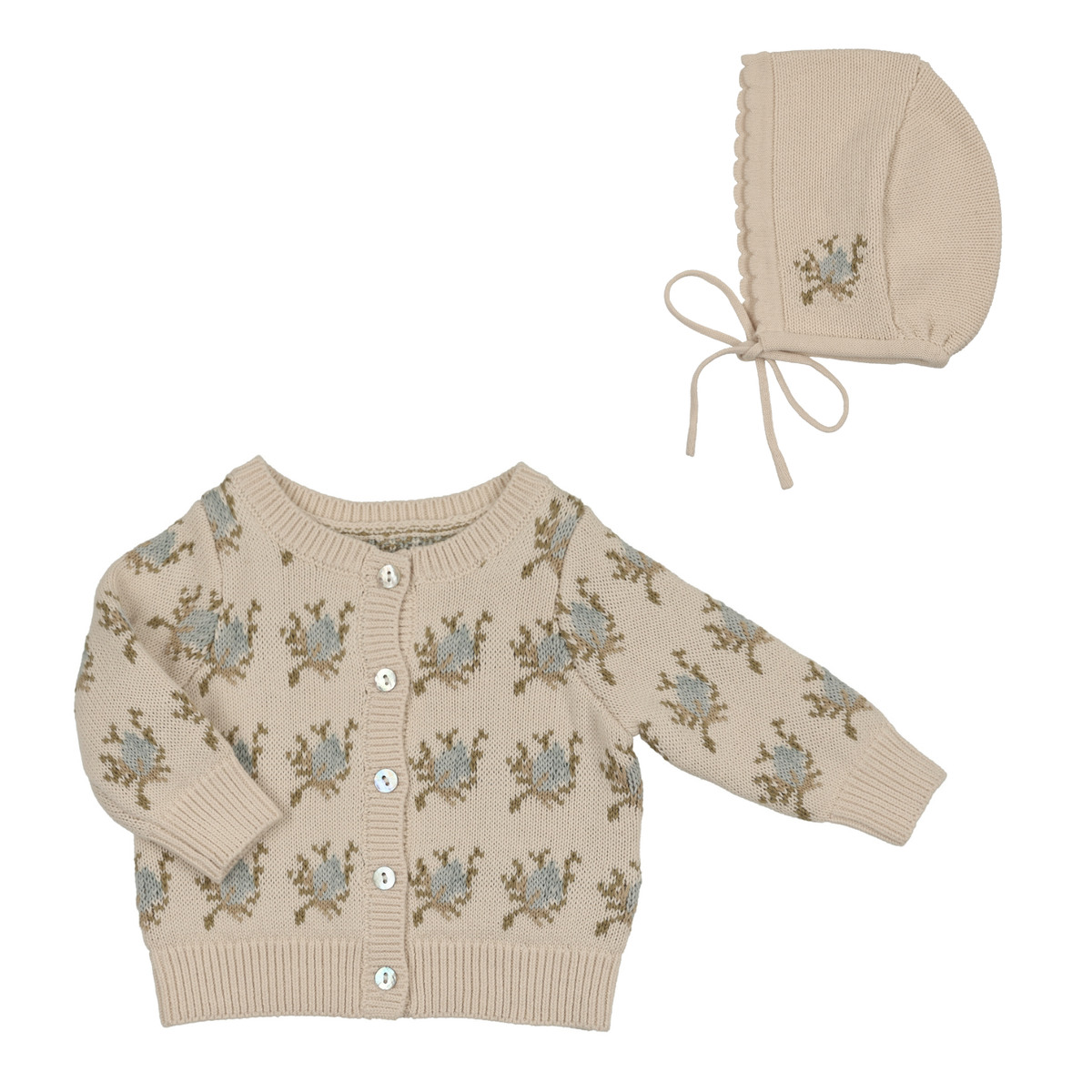 Peluche Floral Intarsia Knit Cardigan & Bonnet - Powder