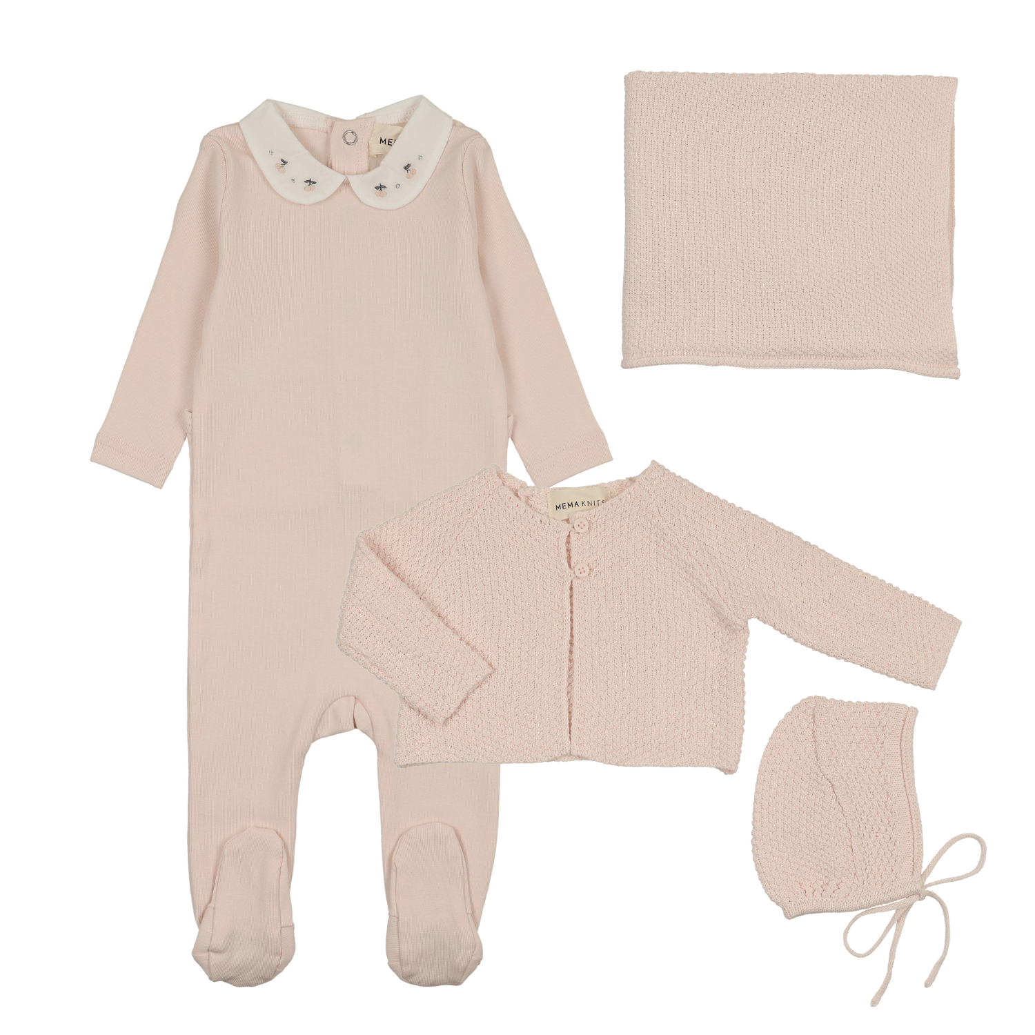 Mema Knits Embroidered Collar Base Layette Set - Baby Blush