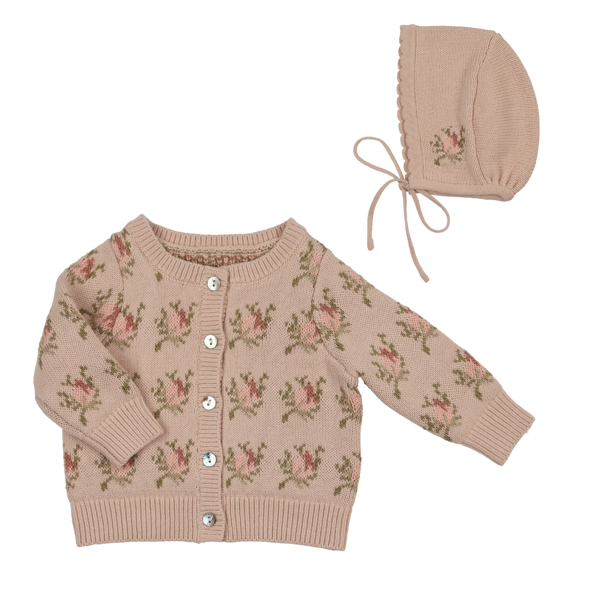 Peluche Floral Intarsia Knit Cardigan & Bonnet - Rose