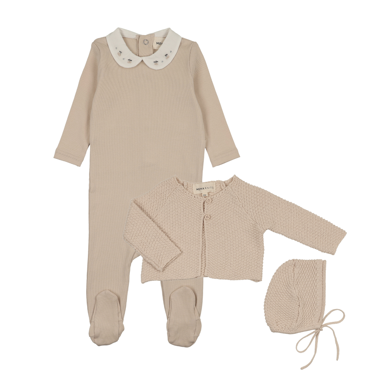 Mema Knits Embroidered Collar Base Footie, Cardigan & Bonnet - Sand