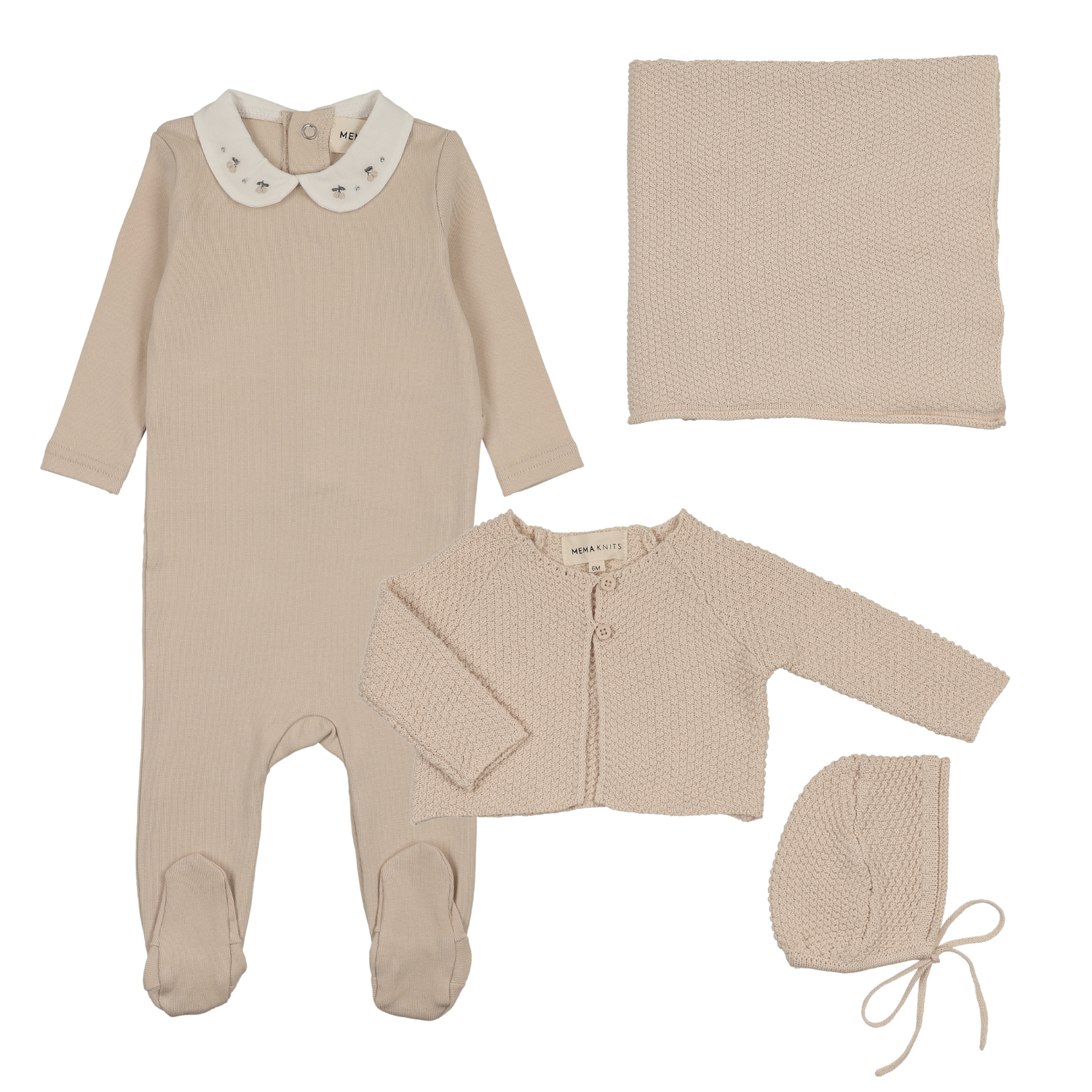 Mema Knits Embroidered Collar Base Layette Set - Sand