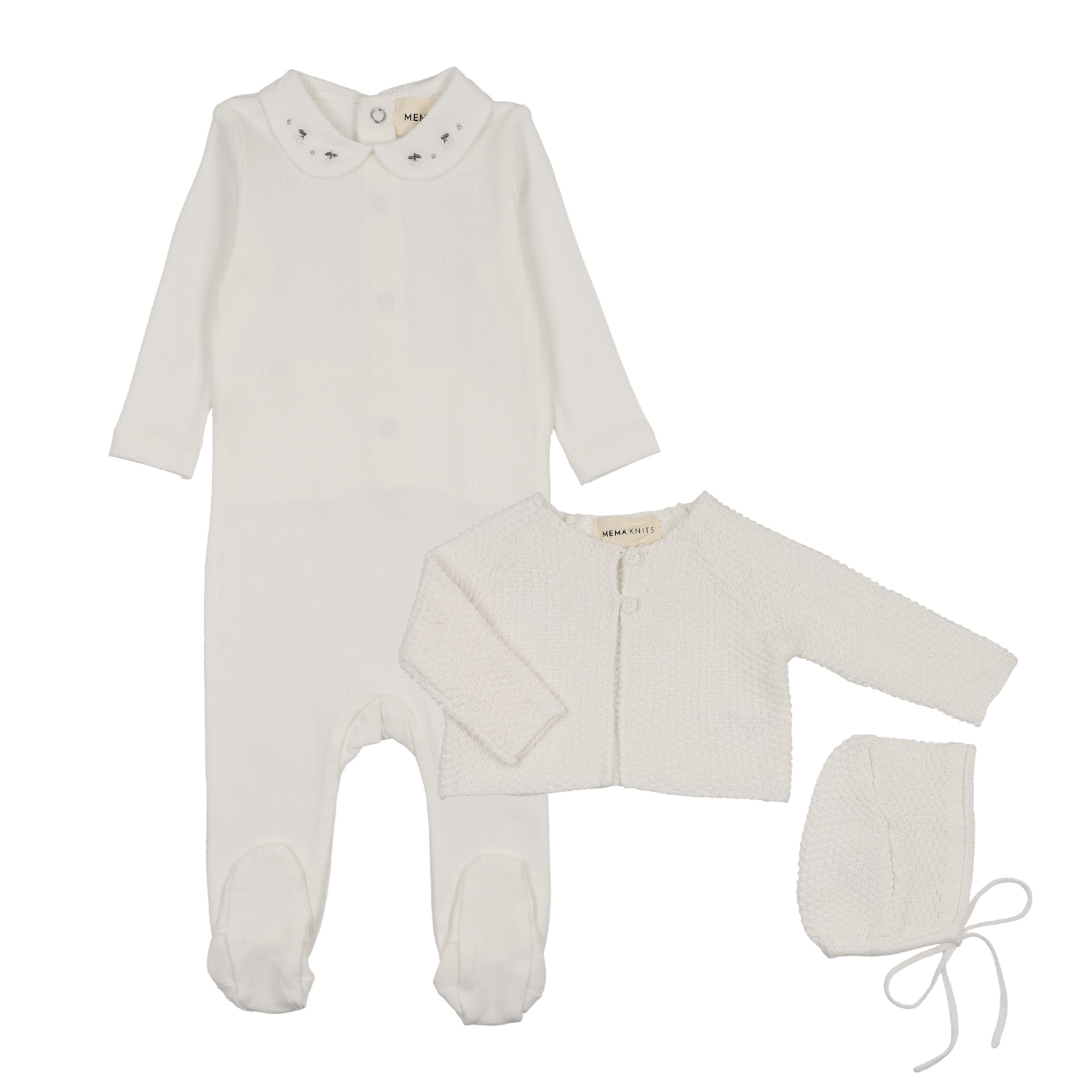 Mema Knits Embroidered Collar Base Footie, Cardigan & Bonnet - Winter White