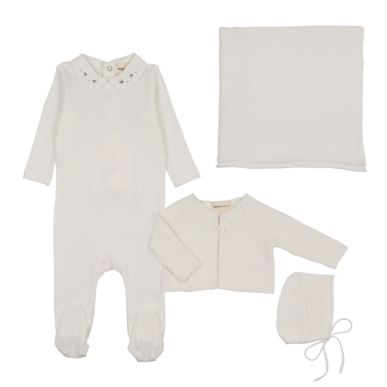 Mema Knits Embroidered Collar Base Layette Set - WW
