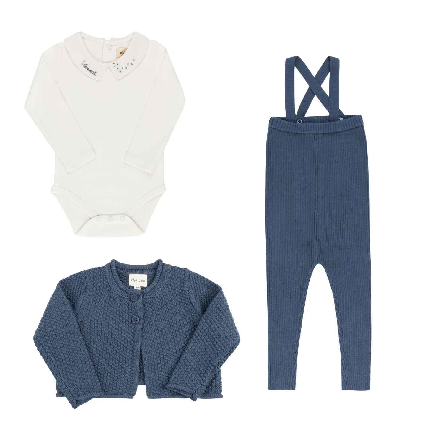 Elys & Co Floral Star Knit Onesie, Overalls & Cardi - Blue