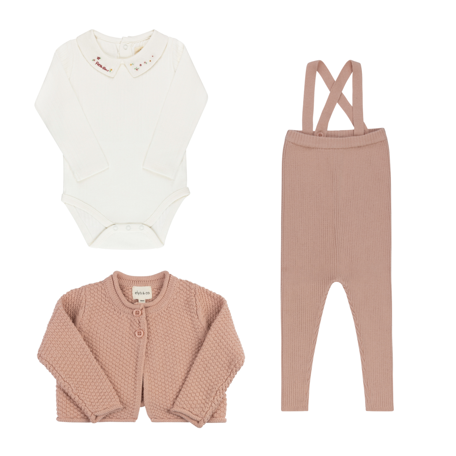 Elys & Co Floral Star Knit Onesie, Overalls & Cardi - Pink