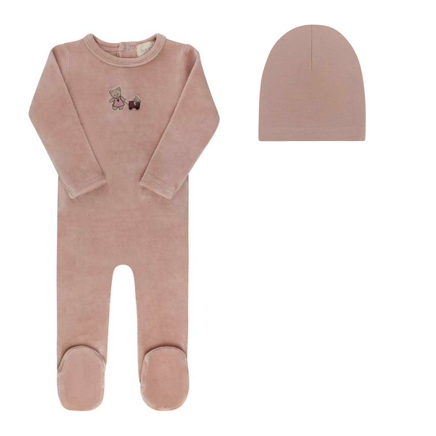 Aurora Embroidered Bear Footie & Beanie - Pink