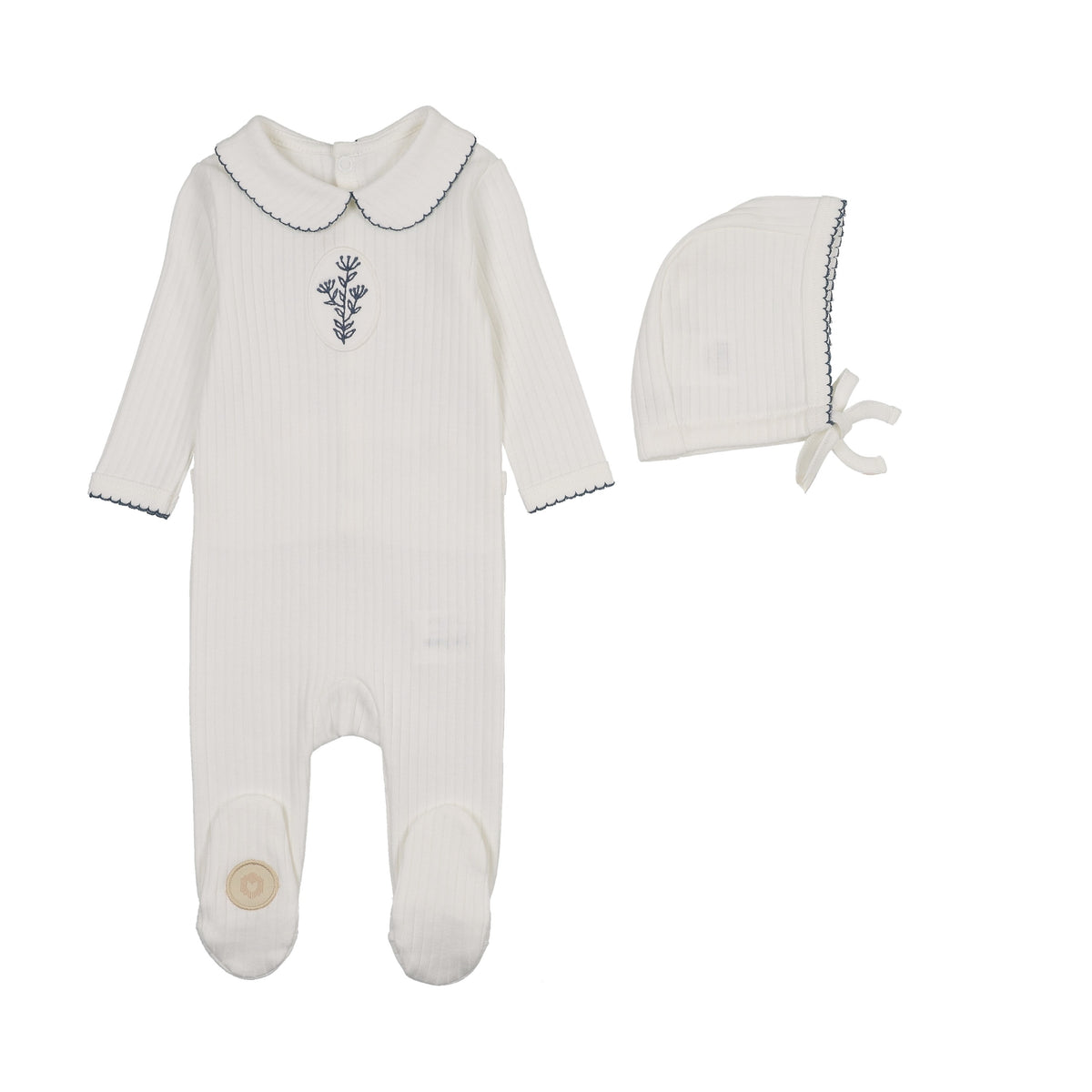 Mon Tresor Scallop Vine Footie & Hat - Ivory/Blue