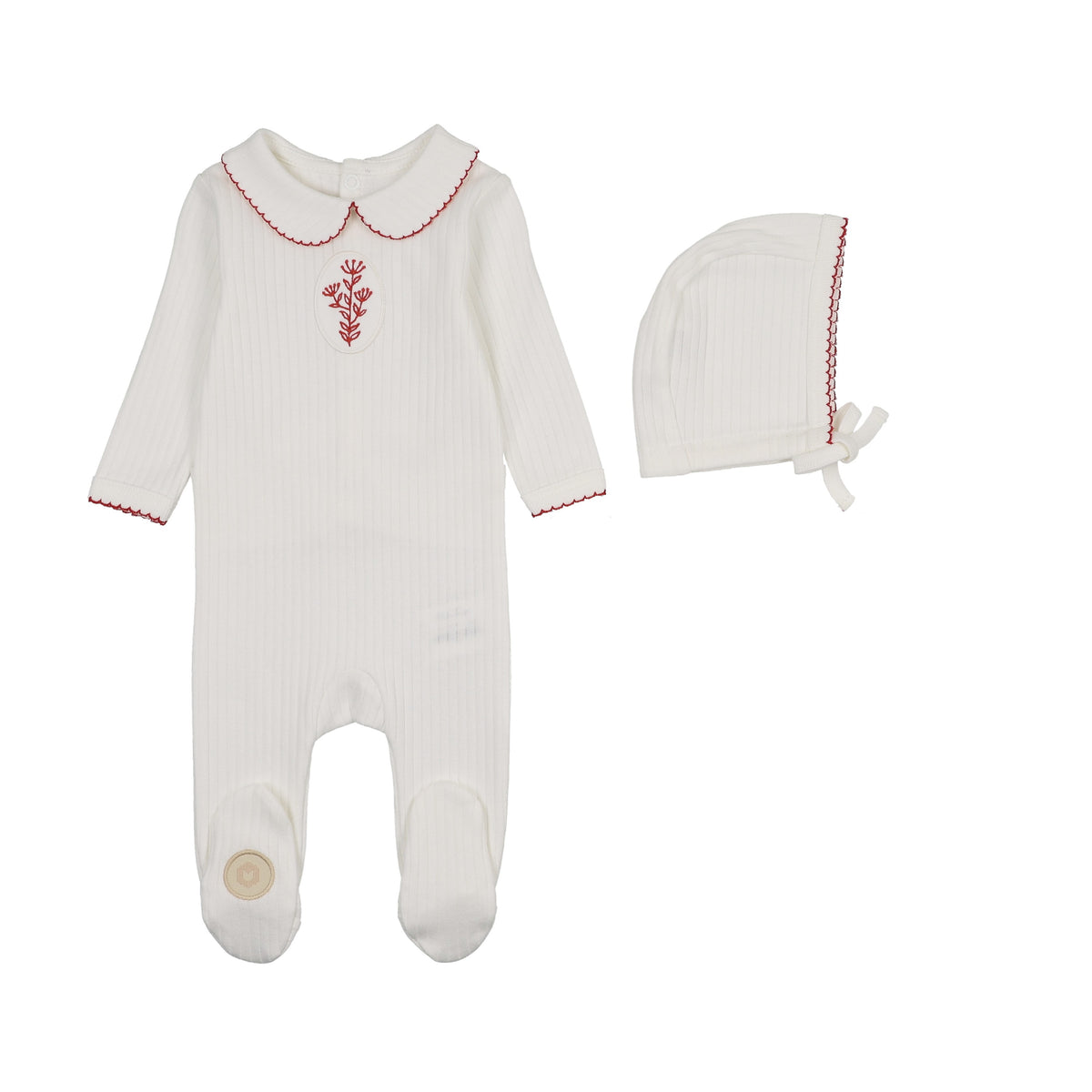 Mon Tresor Scallop Vine Footie & Hat - Ivory/Red