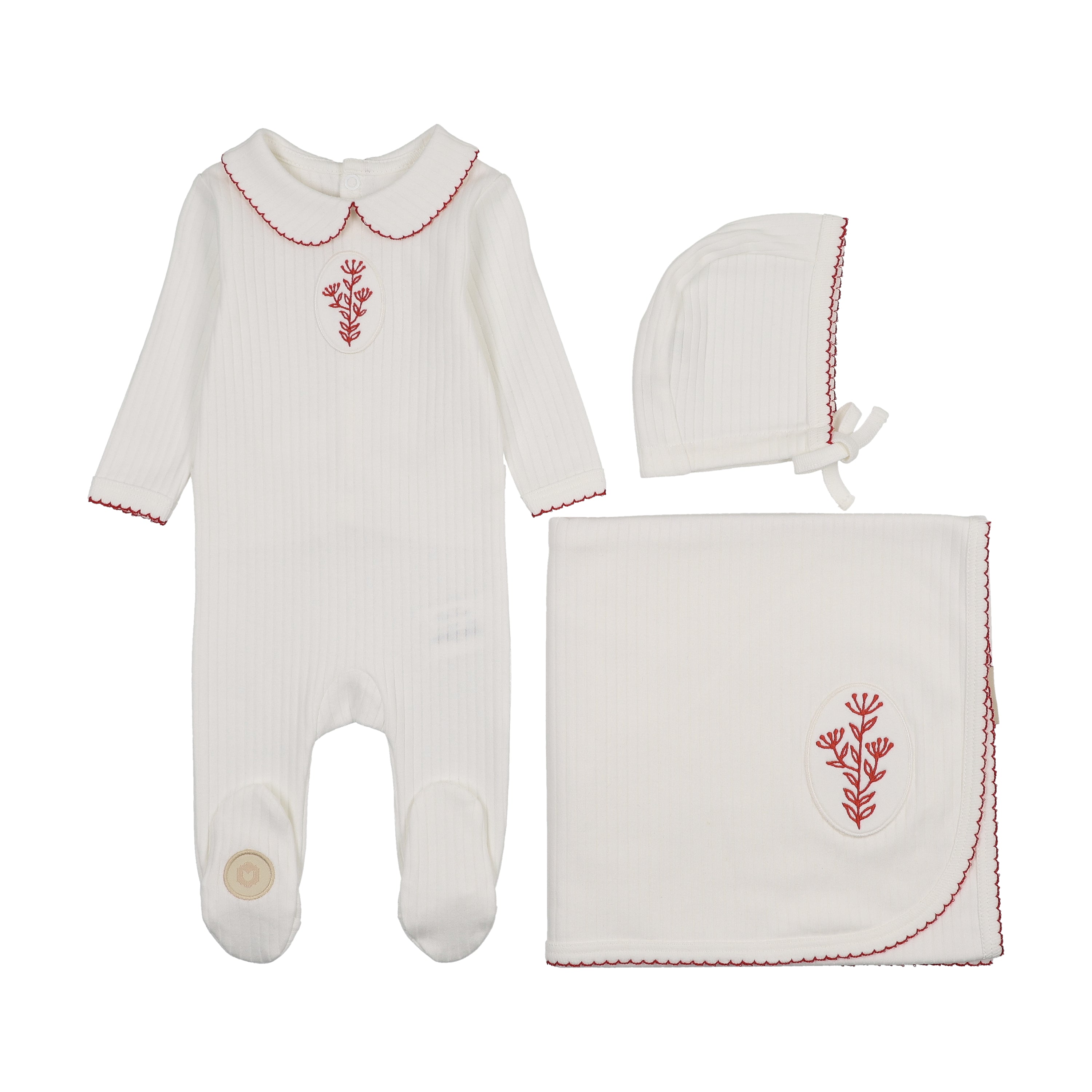 Mon Tresor Scallop Vine Layette Set - Ivory/Red