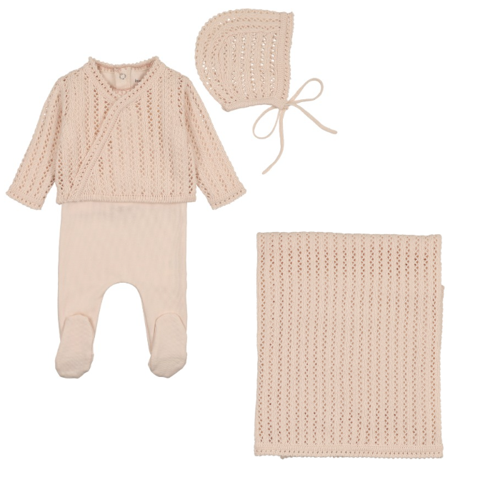 Bee & Dee Dainty Sweater Footie, Cardigan & Hat W Blanket - Champagne Pink