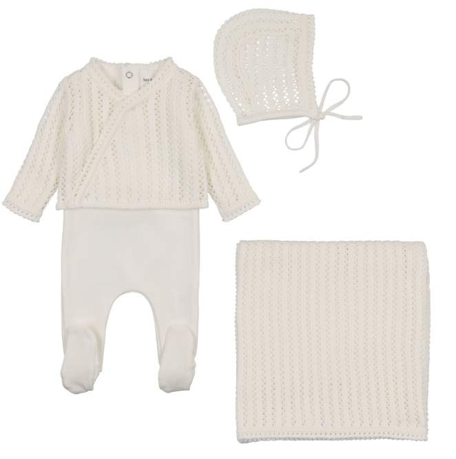 Bee & Dee Dainty Sweater Footie, Cardigan & Hat W Blanket - Chalk White