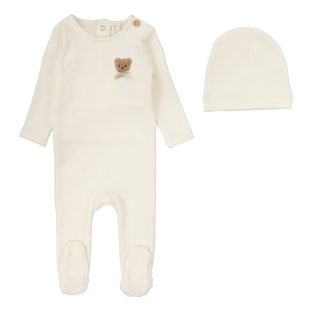 Lilette Bear Applique Footie & Hat - Cream