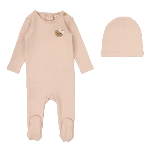 Lilette Bear Applique Footie & Hat - Dusty Pink