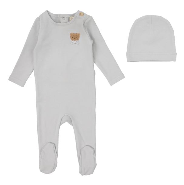 Lilette Bear Applique Footie & Hat - Pale Blue