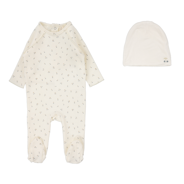 Lilette Cherry Print Footie & Hat - Cream/Blue